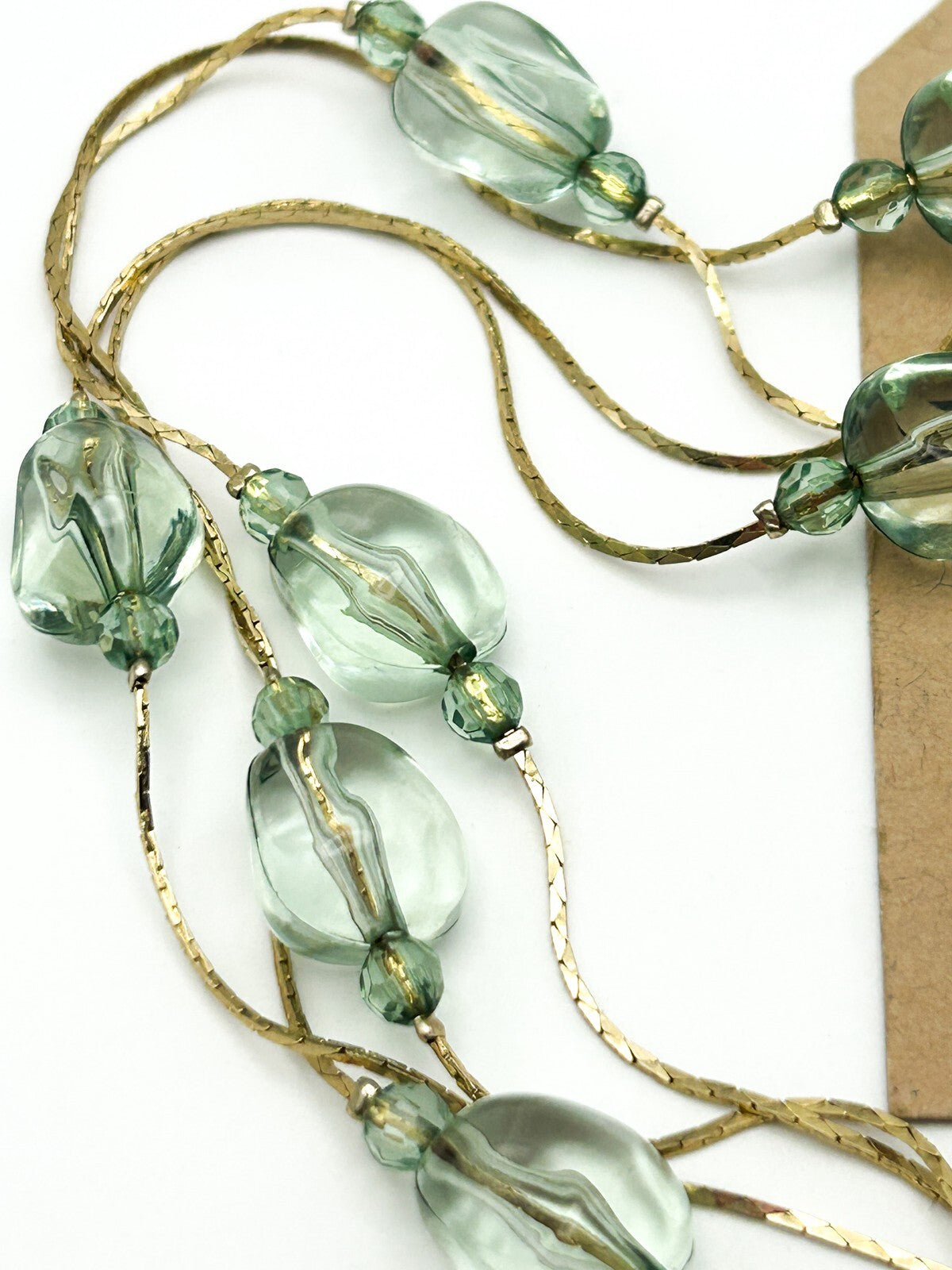 Long Pale Green Acrylic Bead Necklace Multi Strand Gold Tone Layered 34”