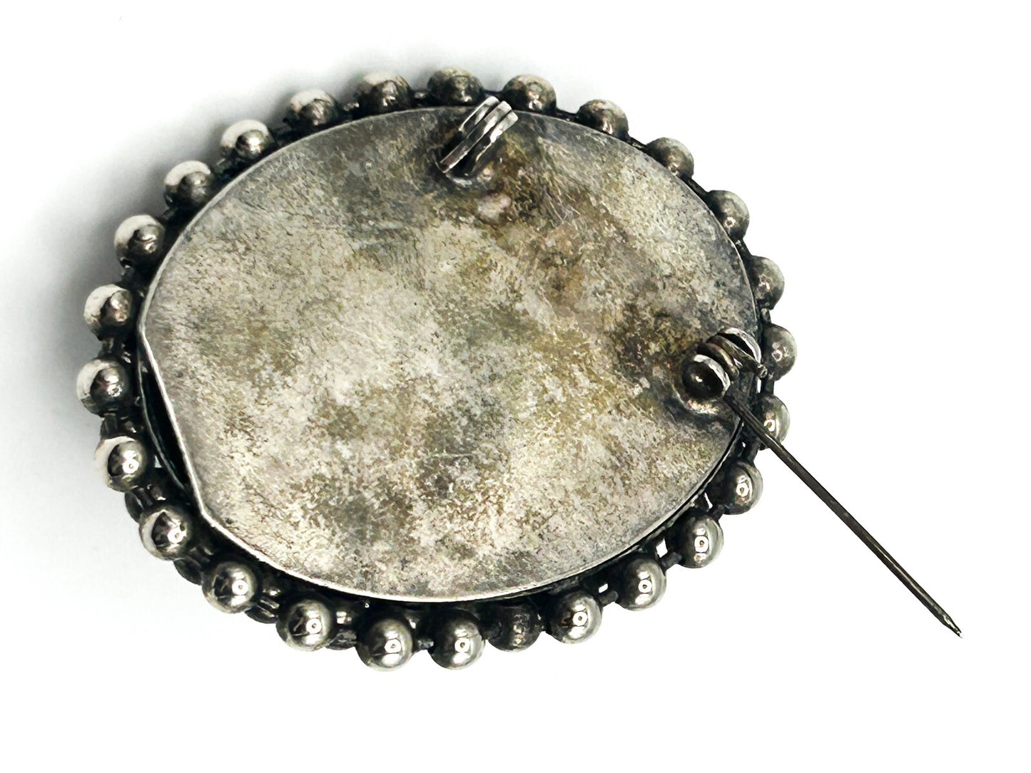 Vintage Black Cabochon Brooch Victorian Revival Style Silver Tone Domed Pin