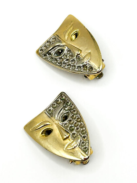 Vintage Theatrical Mask Clip On Earrings Gold Silver Tone Carnival Statement
