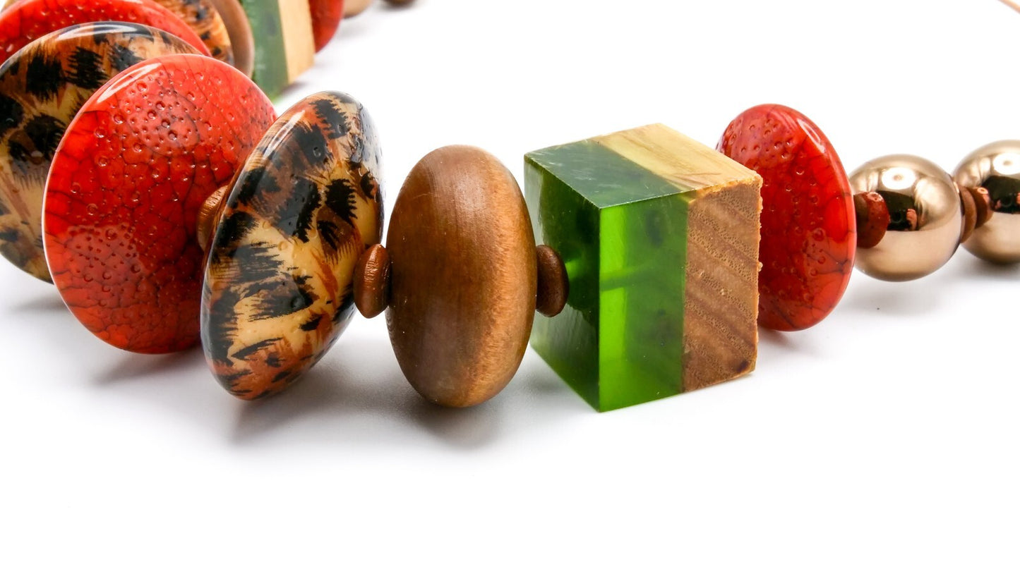 Earthy Tones Statement Necklace Multicolour 18.5" Wood Acrylic Resin Boho Orange