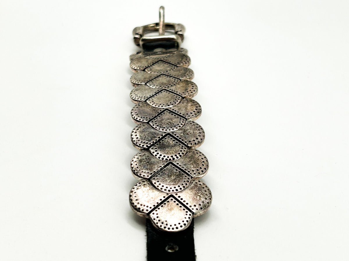 Industrial Silver Tone Cuff Bracelet Black Faux Leather Studded Strap Buckle