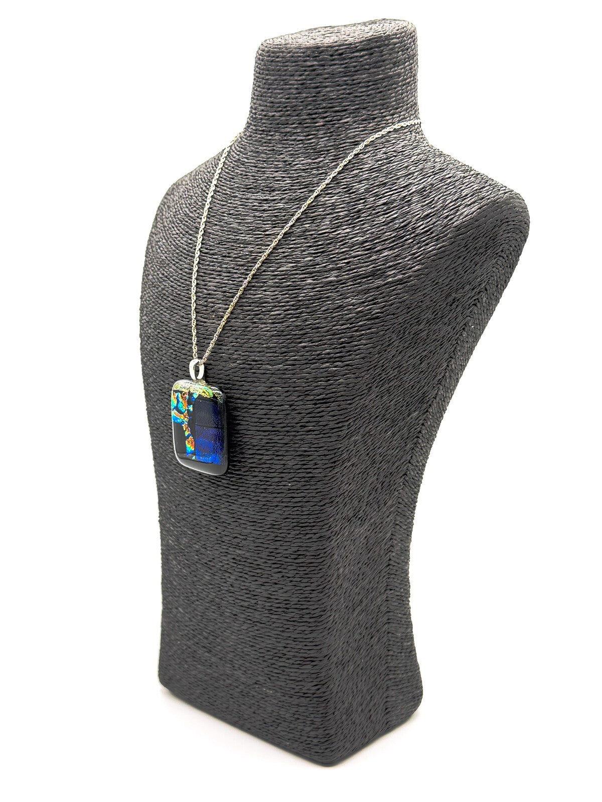 Dichroic Art Glass Pendant Necklace 925 Sterling Silver Chain Blue Iridescent