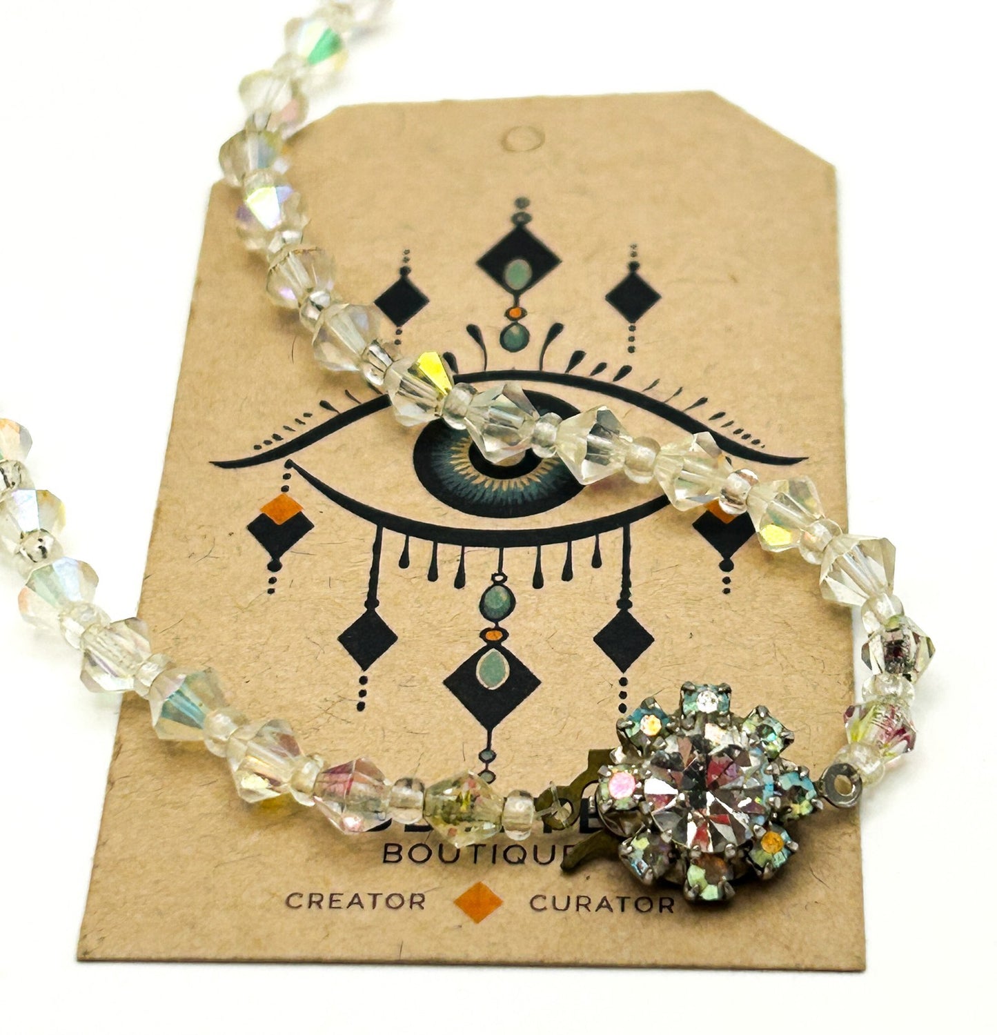 Aurora Borealis Crystal Bicone Necklace with Rhinestone Flower Clasp
