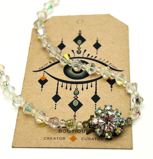 Aurora Borealis Crystal Bicone Necklace with Rhinestone Flower Clasp