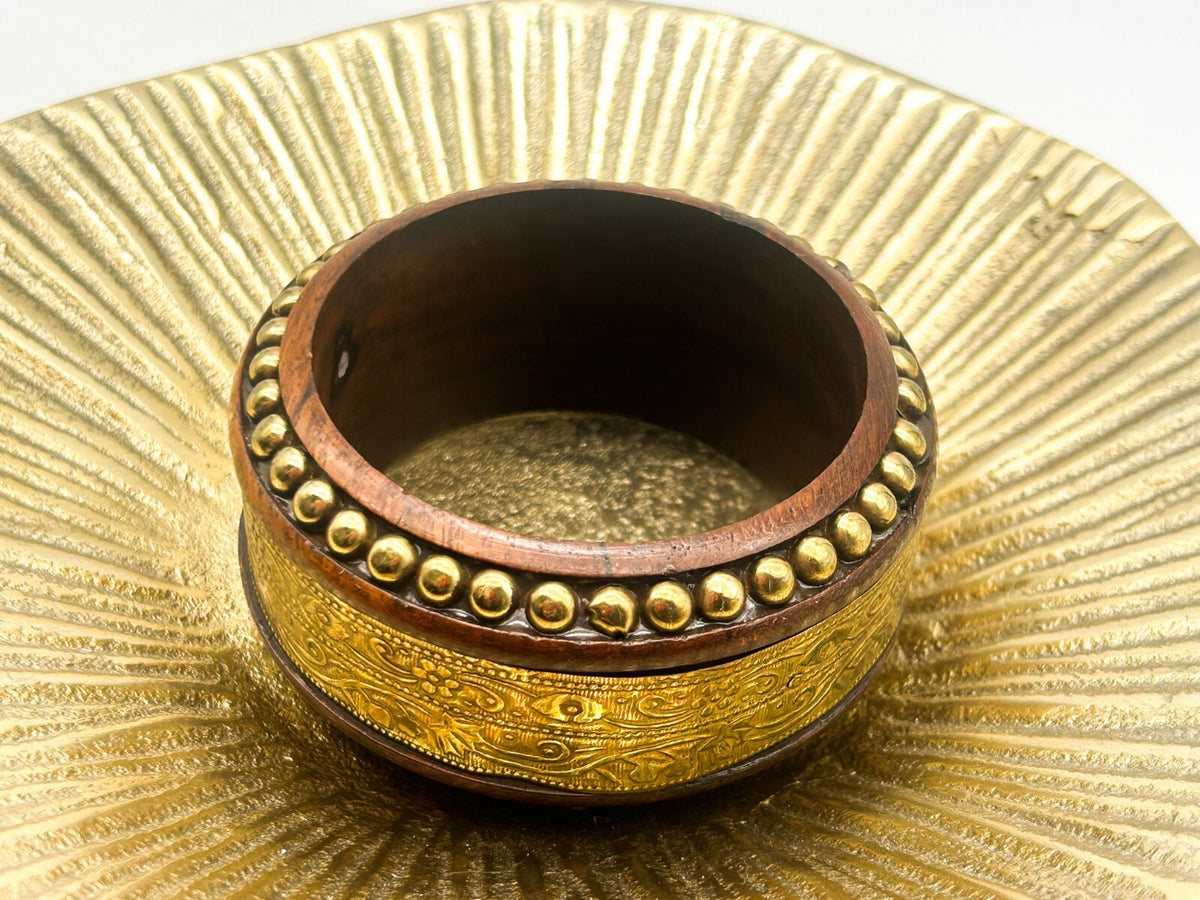 Vintage Dark Wood Brass Bangle Wide Floral Embossed Studded Statement Bracelet