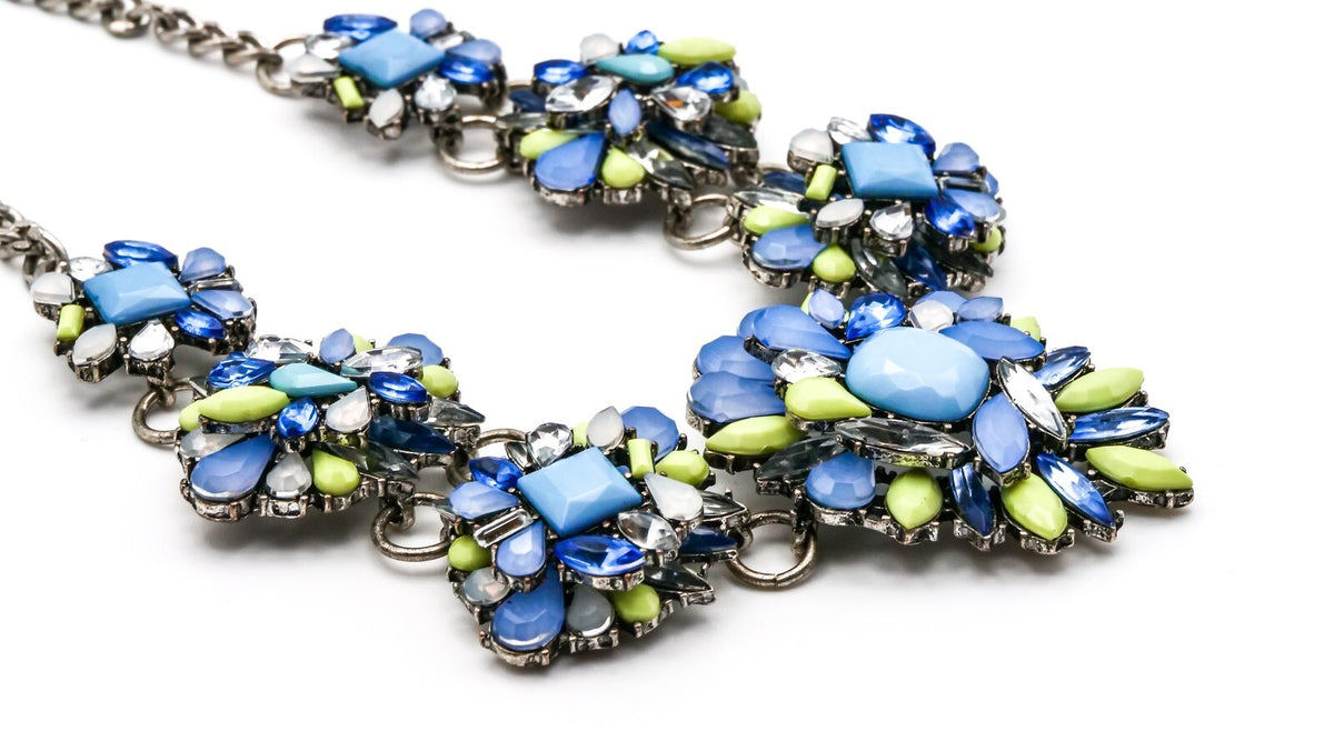 Art Deco Style Cascade Statement Necklace – Blue & Green Floral