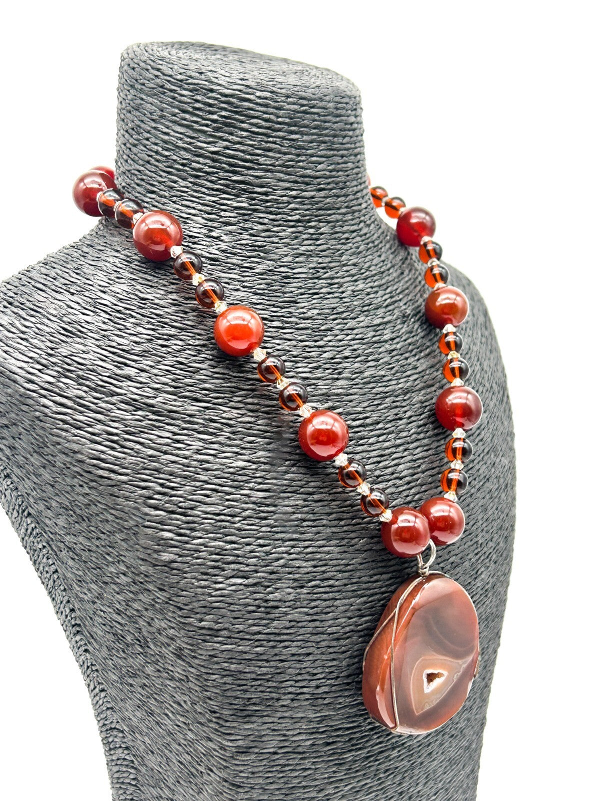 Carnelian Agate Pendant Necklace Quartz Inclusion Geode Artisan Gemstone  Boho