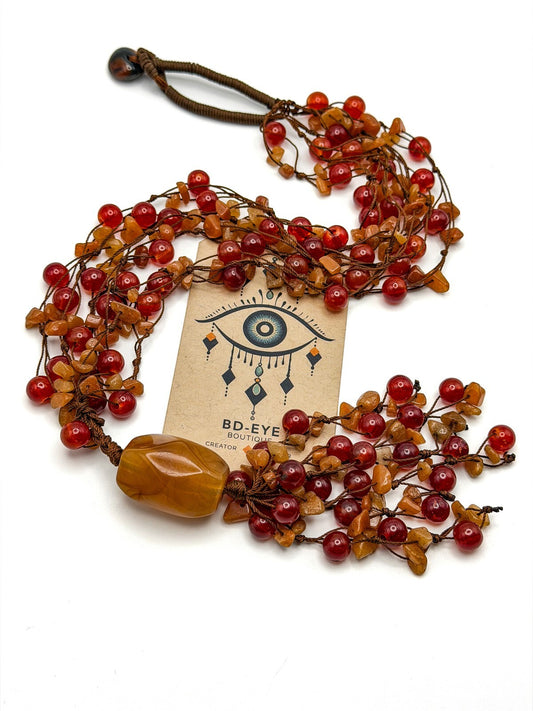 VTG Orange Glass, Acrylic & Carnelian Hand-knotted Statement Boho Necklace