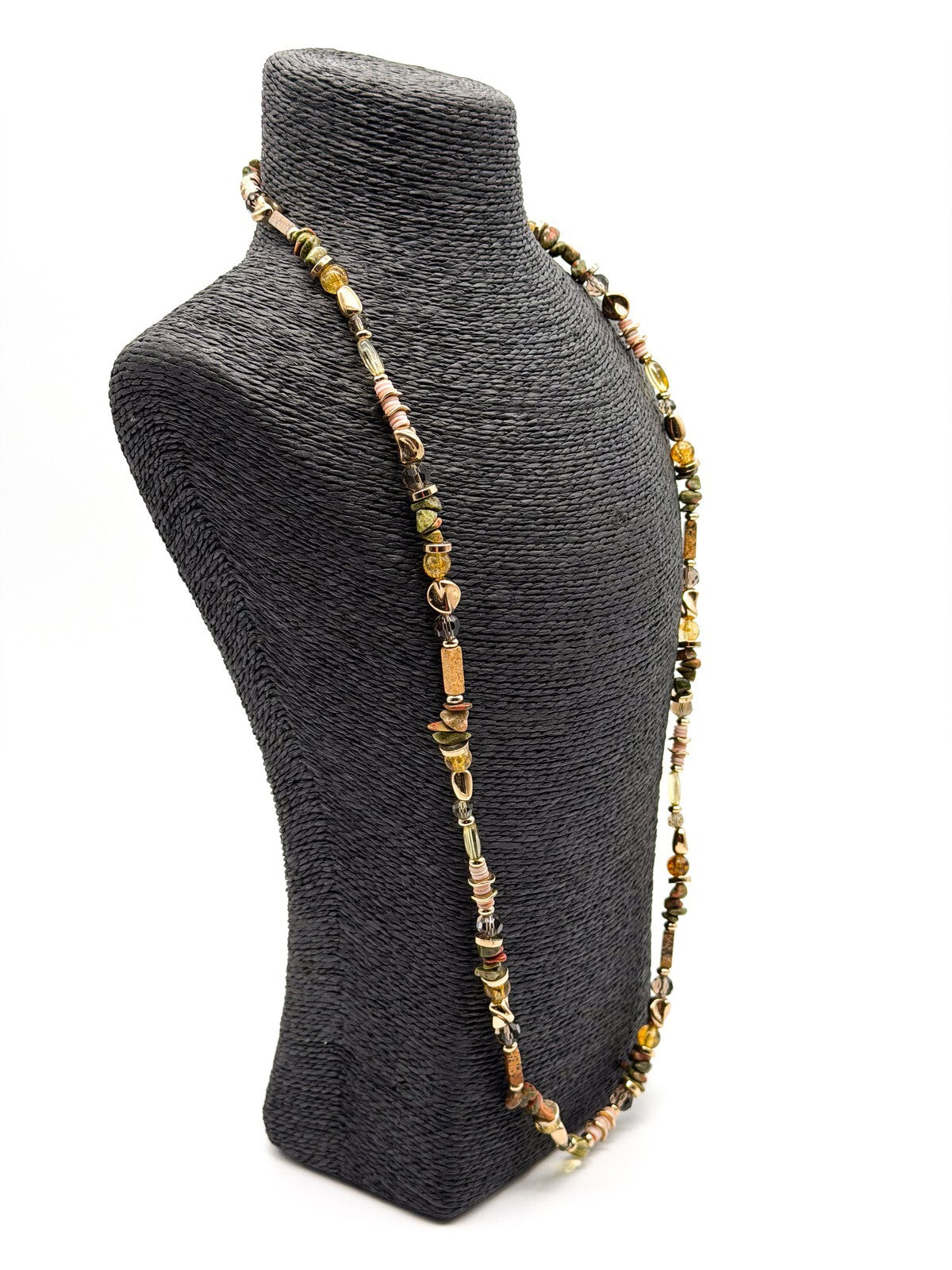 M&S Long Beaded Necklace Unakite Jasper Shell Multi Strand Earth Tone Statement