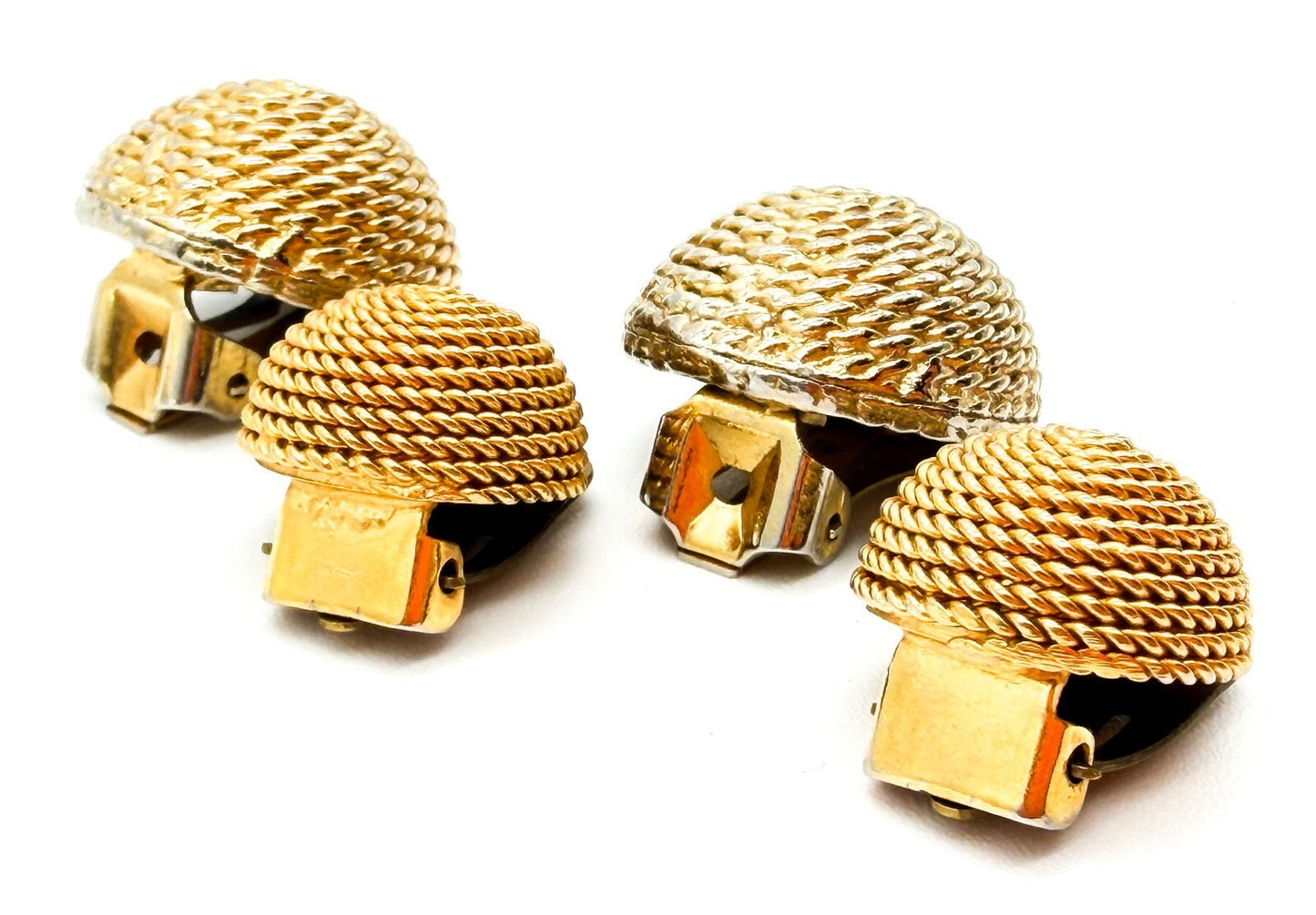 Vintage Gold Tone Rope Swirl Twist Clip On Earrings Dome Textured Retro 1980s