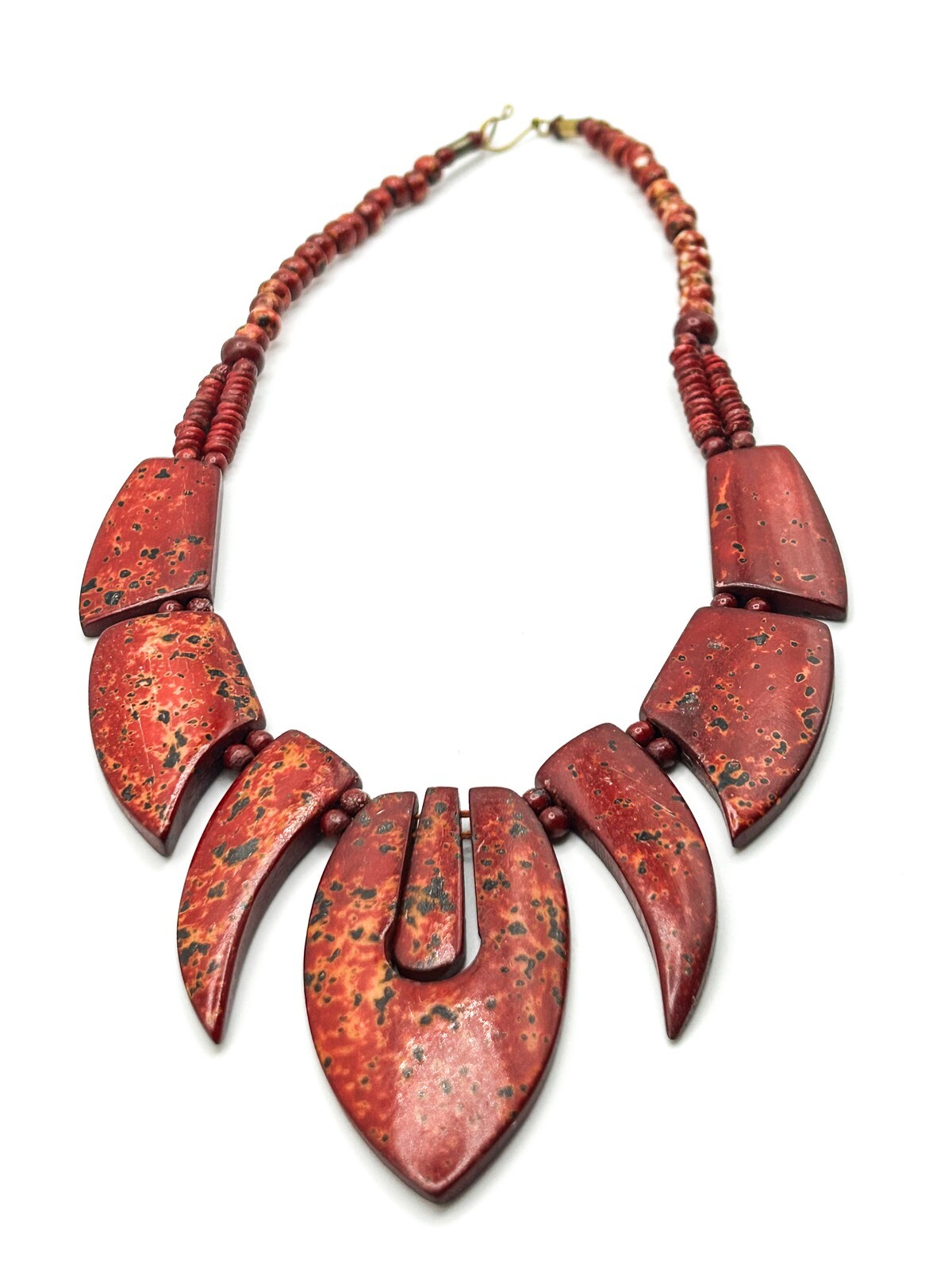 Chunky Deep Red Mottled Speckled Panel Tribal-inspired Statement Necklace - Boho