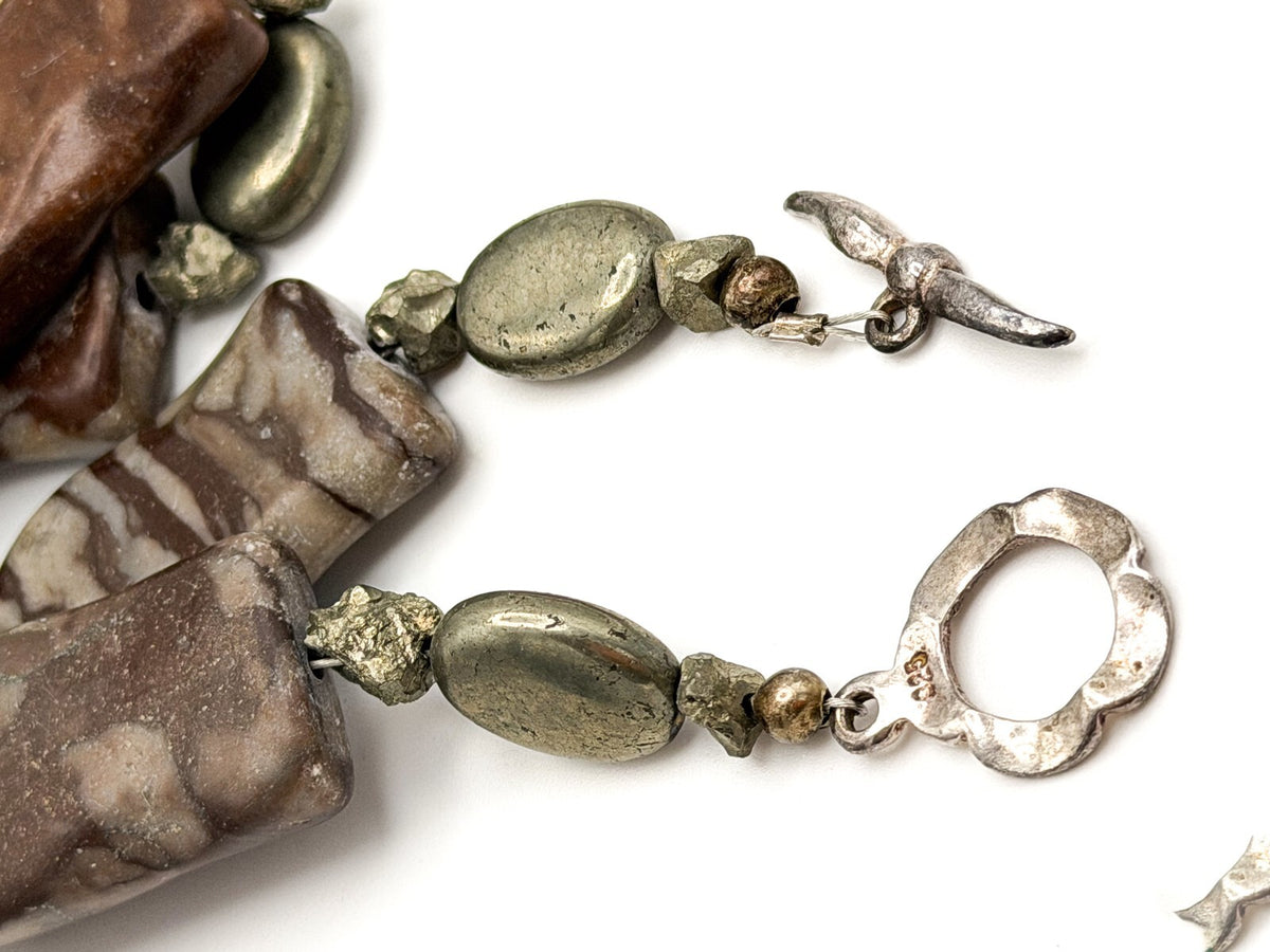Chunky Carved Jasper Necklace Semi Precious Pyrite & Hematite - Gemstone Boho