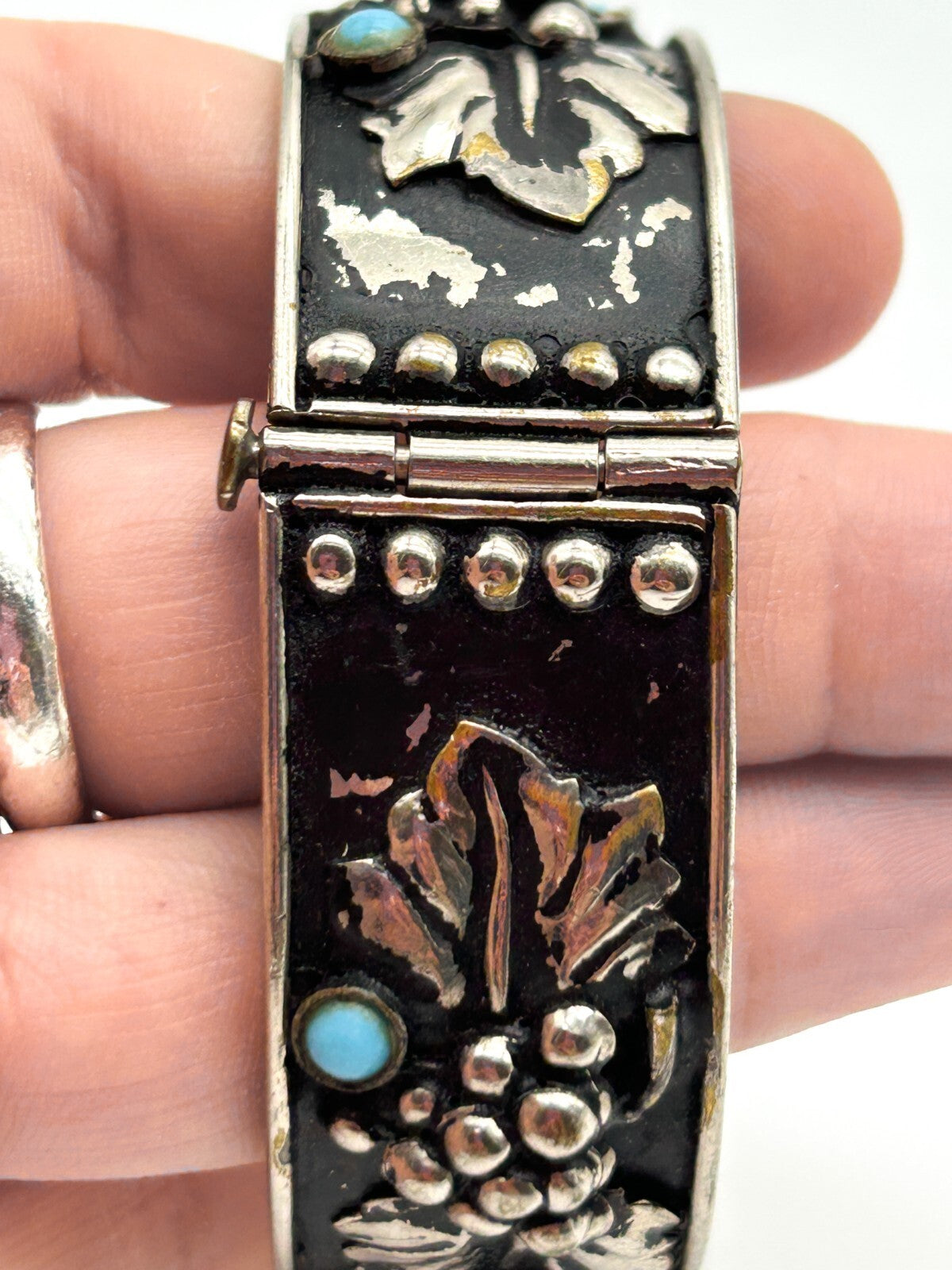Vintage Silver Plated Grapevine Cuff Bracelet Black Japanned Bacchus Bangle