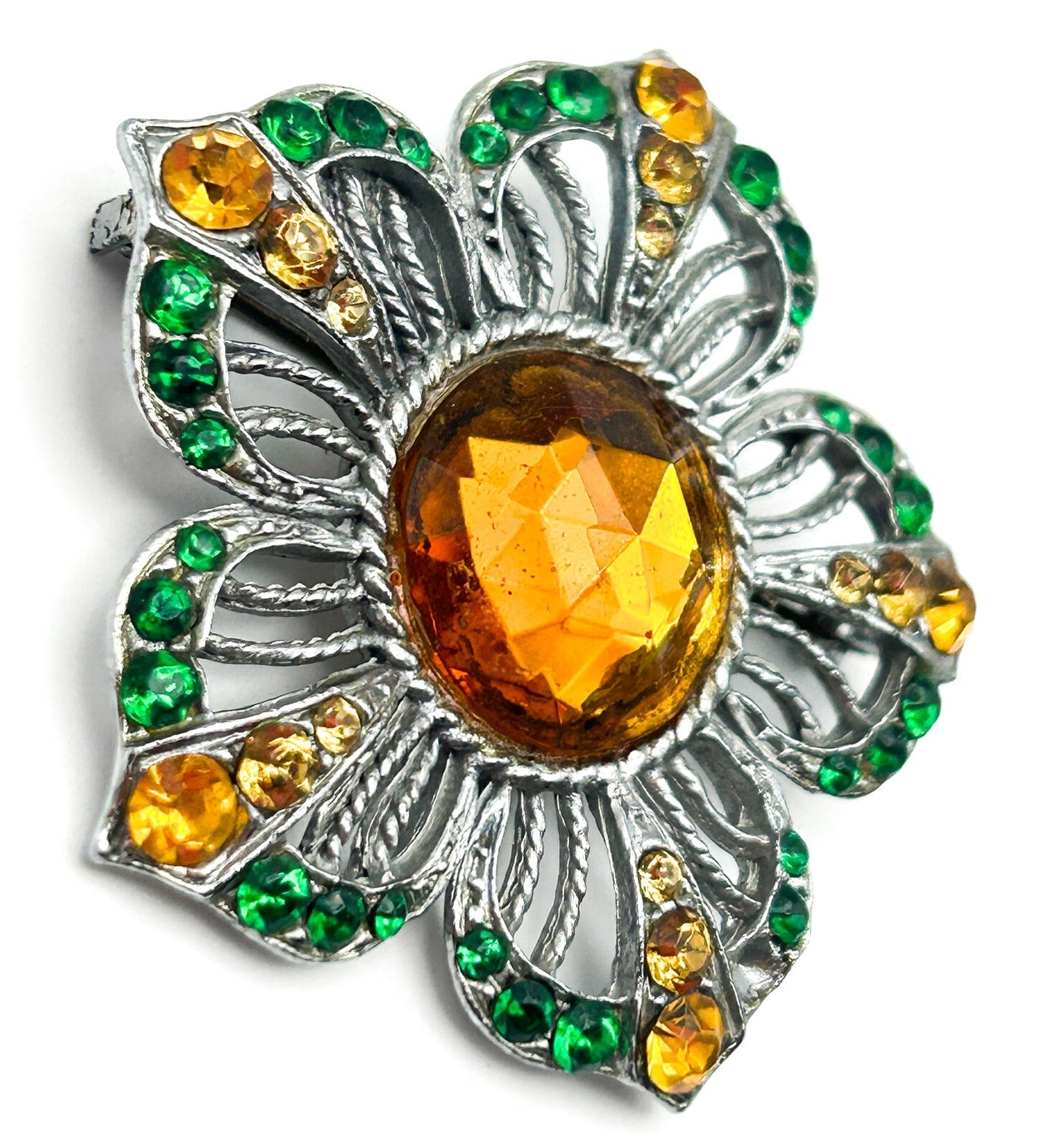 Vintage 1940s Rhinestone Flower Brooch Amber Green Glass Silver Tone