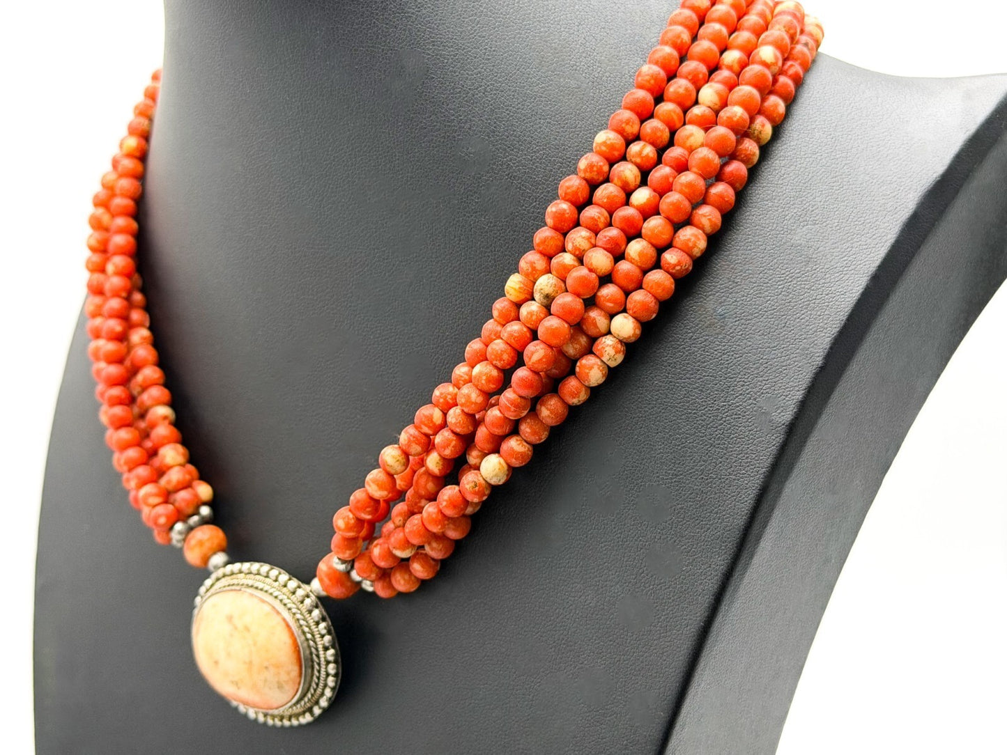 Multi Strand Red Coral Bead Necklace Ornate Oval Pendant 19 Inch Statement