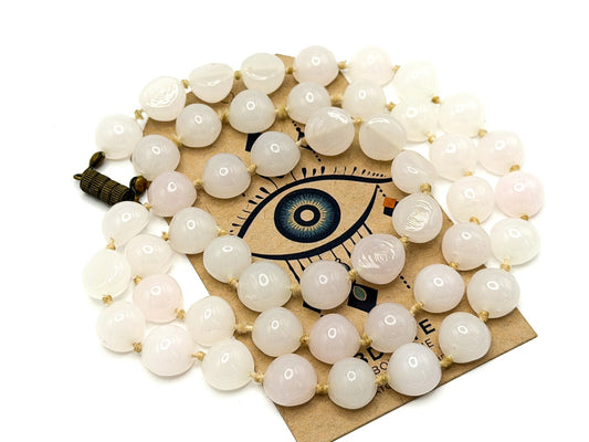 Pale Rose Quartz Domed Bead Necklace – Hand-Knotted, 25”