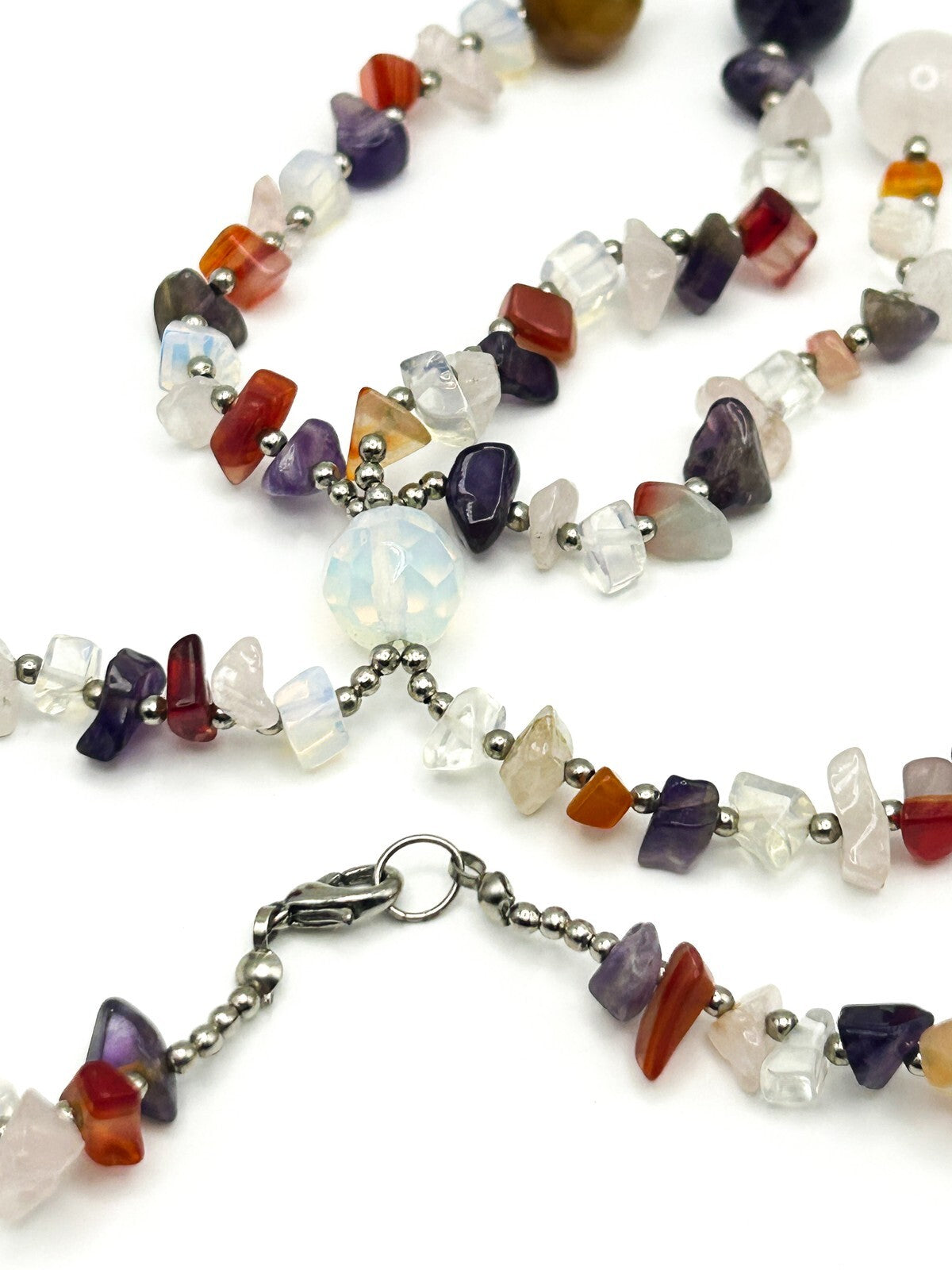 Gemstone Chip Necklace Tassel Drop Amethyst Carnelian Quartz Boho 18”
