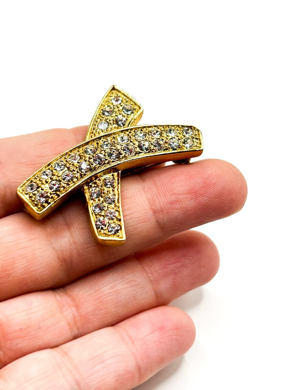 Vintage Gold Tone Rhinestone X Brooch Pavé Crossed Ribbon Statement Pin Retro
