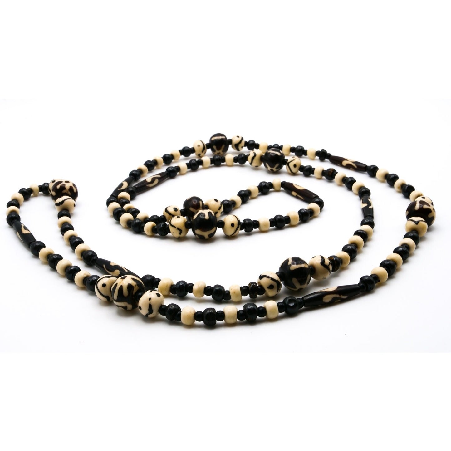 Carved Black, Brown & Cream Bead Necklace – Long Boho Tribal-Style Strand