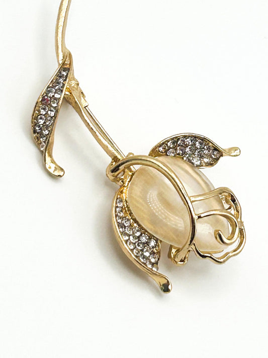 Vintage Gold, Lucite & Rhinestone  Sparkly Rose Brooch