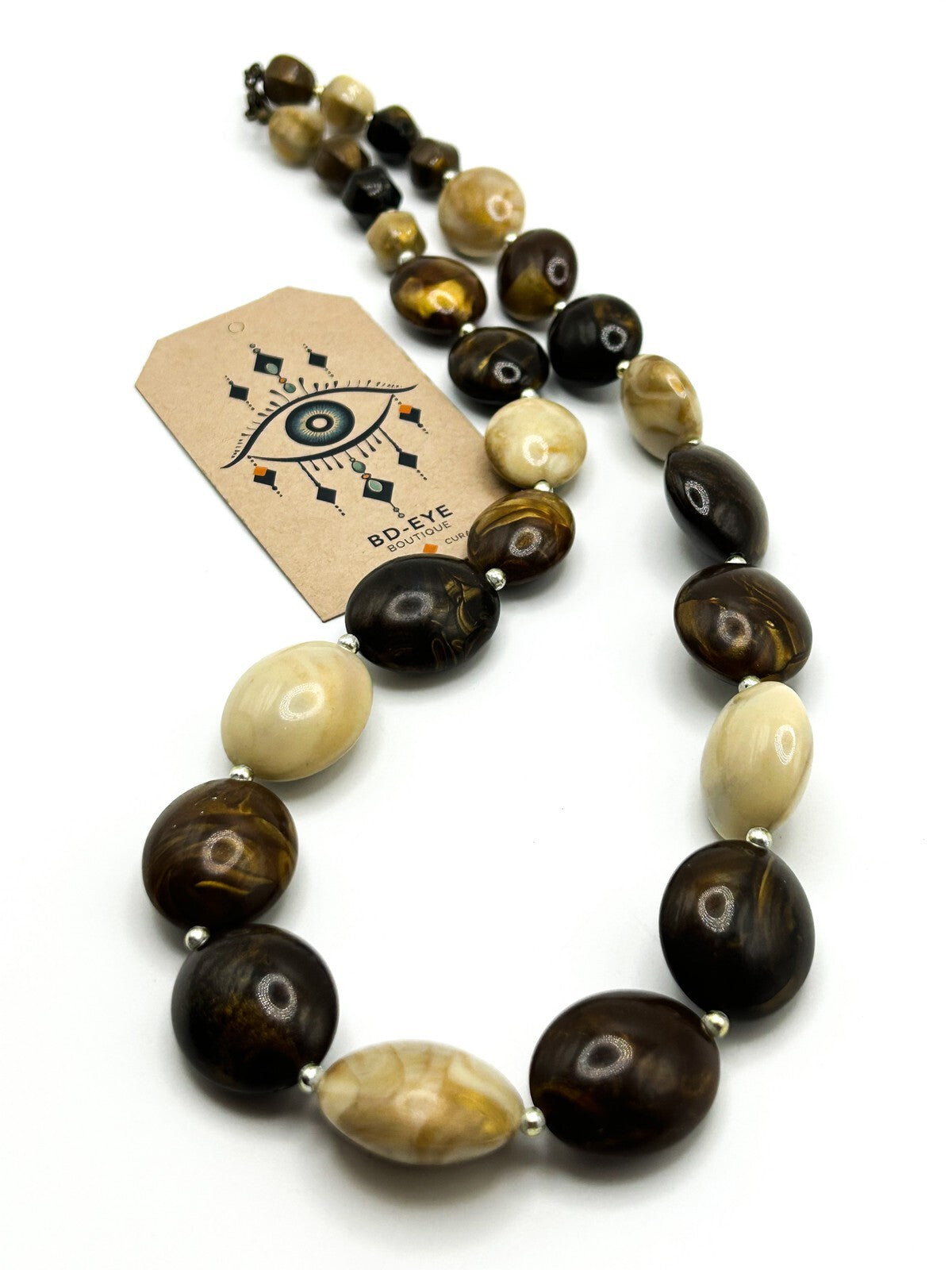 Vintage Brown Marbled Acrylic Bead Necklace Cream Caramel Chunky 70s Style 26.5”