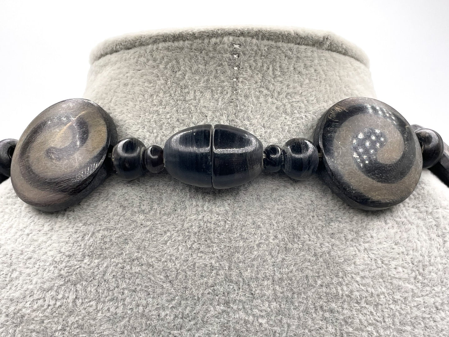 Swirled Black Wooden Disc Necklace - Boho Bohemian Circular Wood Chunky