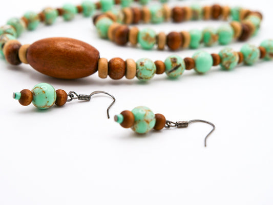Handmade Brown & Green Beaded Necklace, Bracelet and Earrings Set - Wood Acrylic