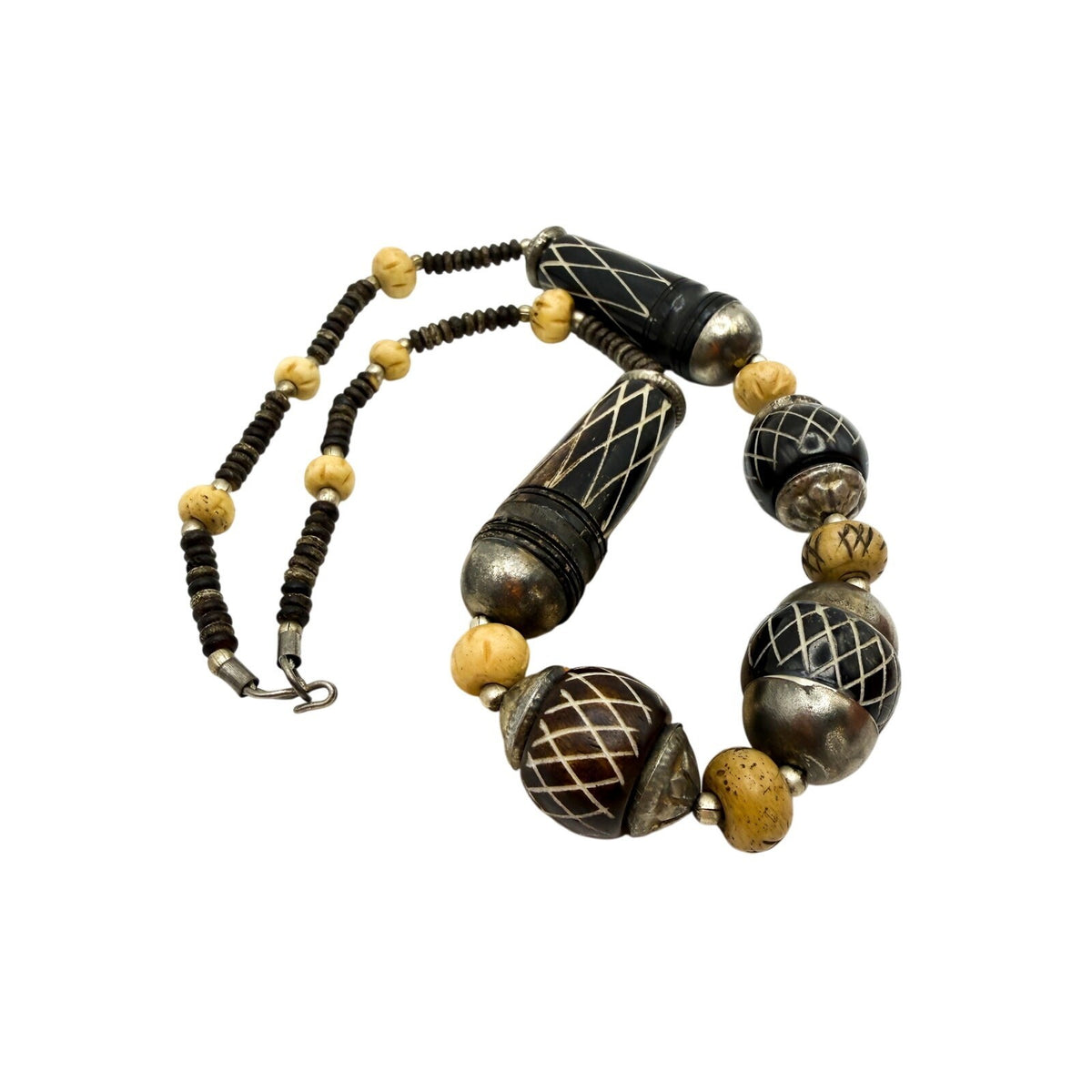Vintage Carved Necklace Boho Organic Material Tribal Silver Bead Caps