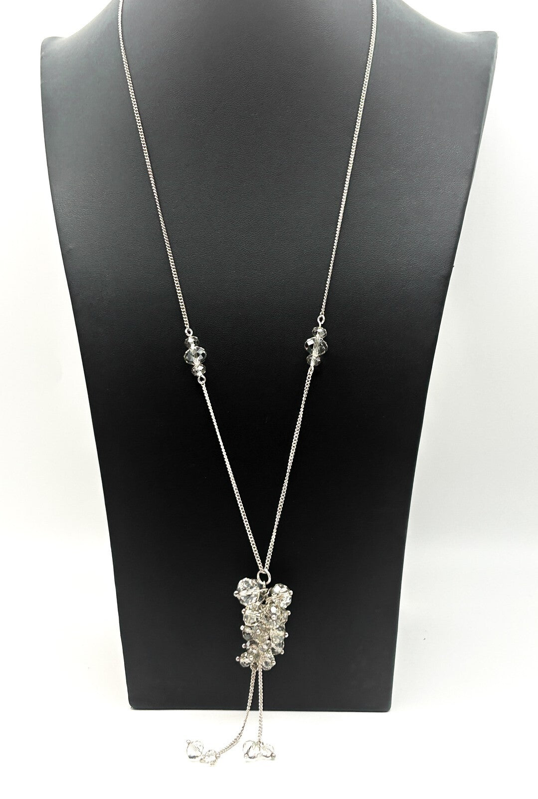 Avon Silver Tone Glass Cluster Drop Necklace with Tassel Detail
