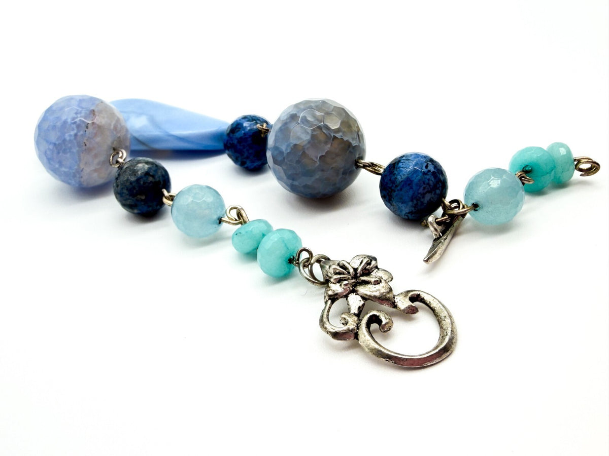 Chunky Blue Agate Beaded Necklace Bracelet Earrings Set Artisan Style