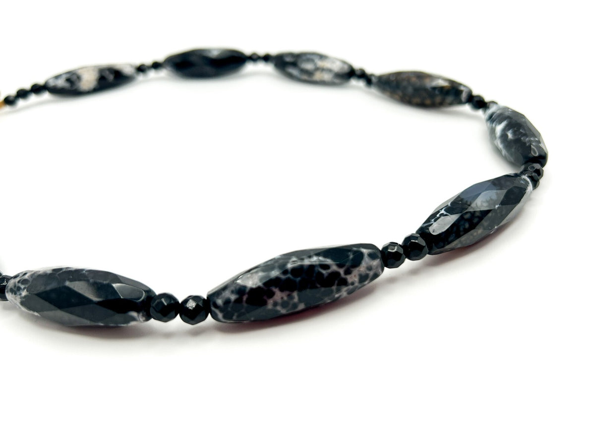 Black & White Dragon Vein Agate Semi-precious Necklace Faceted Black Chalcedony