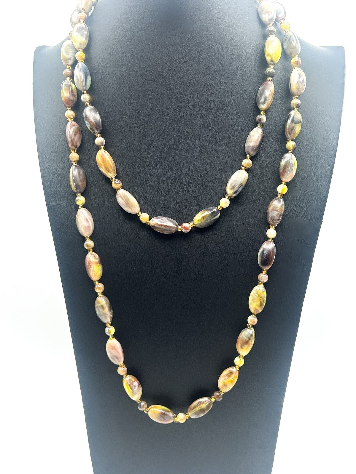 Vintage Marbled Acrylic Bead Long Necklace – Green, Mauve & Grey Tones