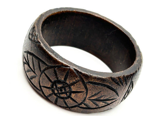 Vintage Hand Carved Wood Bangle Flower Leaf Design Rustic Bracelet Floral Boho