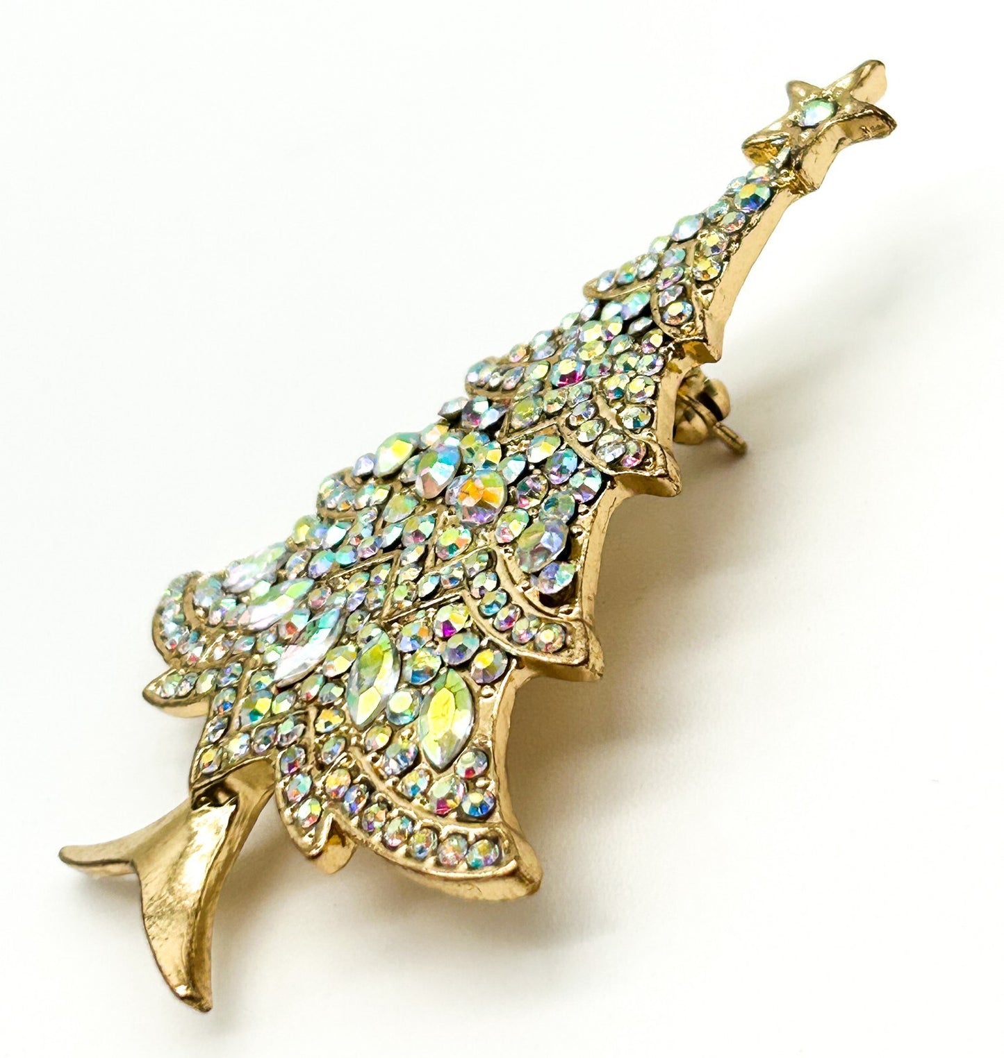 Aurora Borealis Rhinestone Christmas Tree Brooch Festive Sparkle Holiday Pin AB