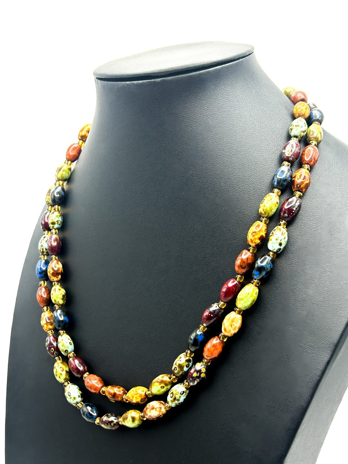 Scottish Agate Style Beaded Necklace Double Strand Mottled Glass Beads 19”