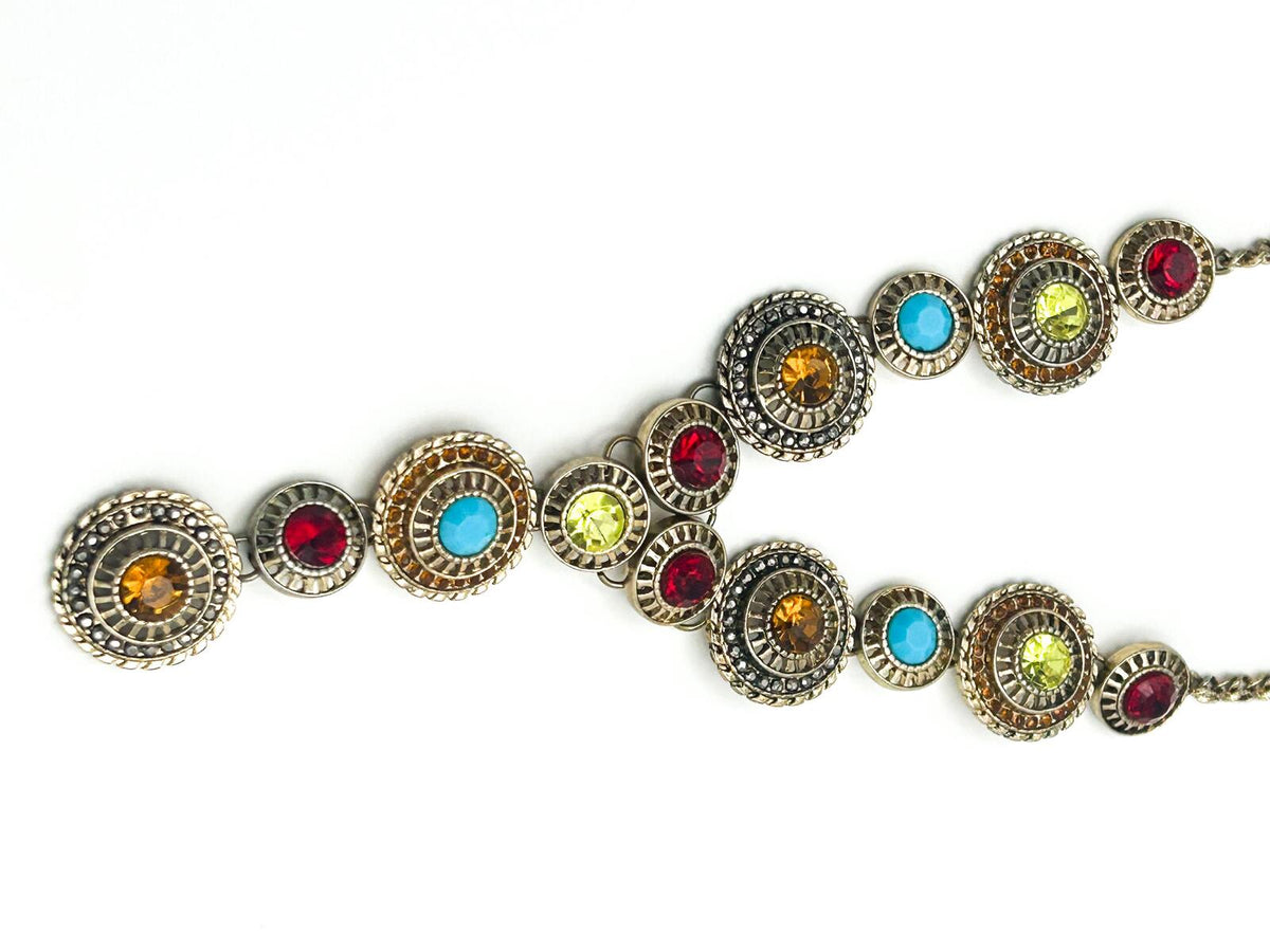Vintage Boho Ornate Articulated Gold Tone Rhinestone Coin-disc Y Necklace