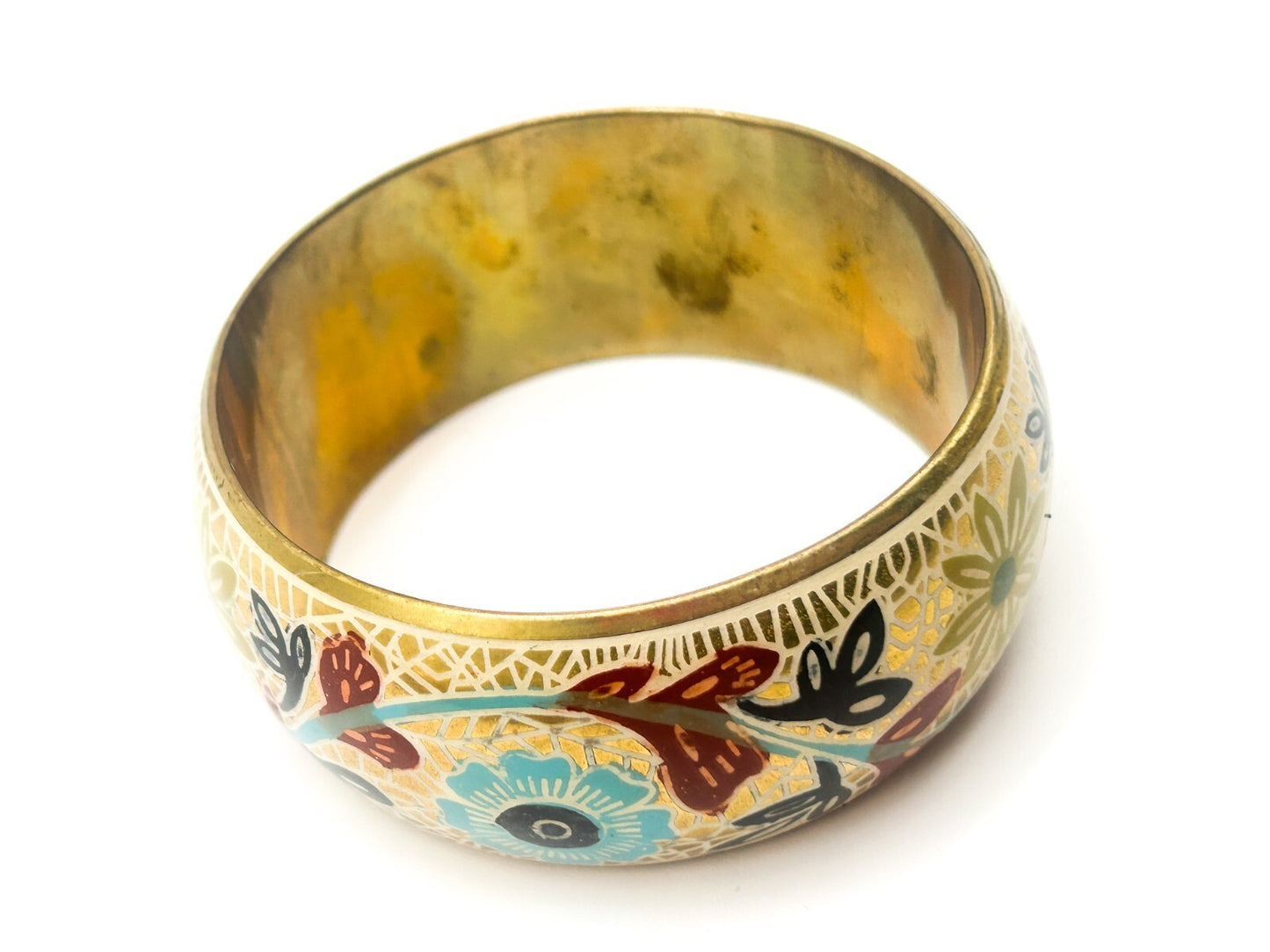 Vintage Brass Bangle Blue Red Painted Floral Statement Bracelet Gold tone Retro