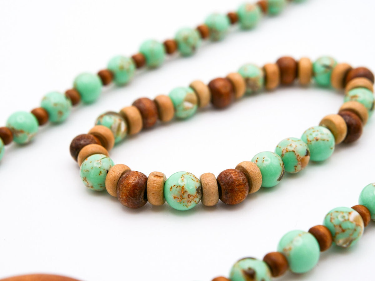 Handmade Brown & Green Beaded Necklace, Bracelet and Earrings Set - Wood Acrylic