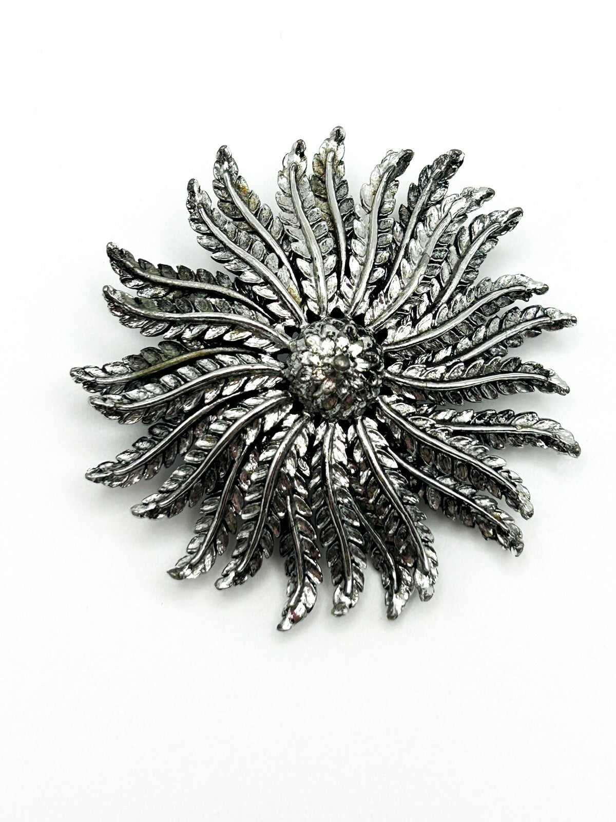 Silver-Tone Sculptural Floral Textured Flower Brooch Statement