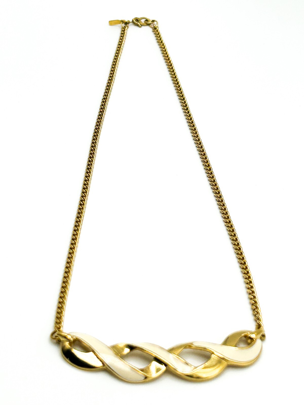 Signed Monet Gold Tone Chain Necklace with Cream Enamel Ribbon Pendant