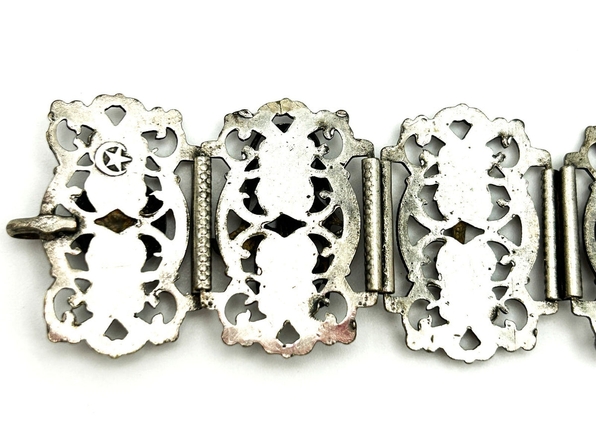 Moroccan Souvenir Silver Tone Filigree Panel Bracelet Elephant Hamsa 8.5”