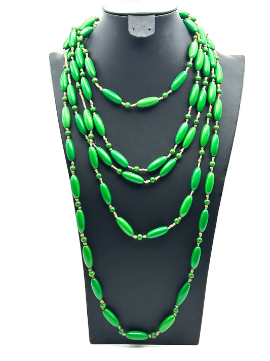 Pair of Vintage Early Plastic Green Hand-knotted Beaded Necklaces