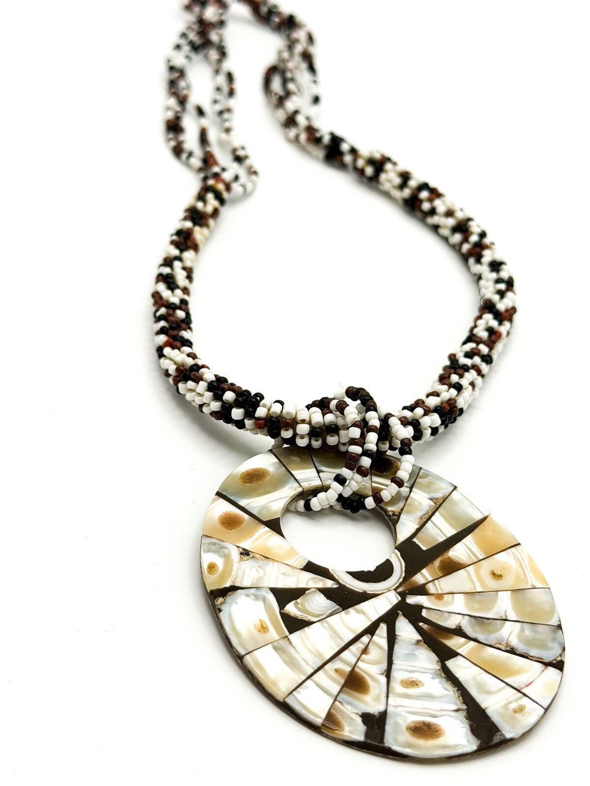 Five Strand Brown, White & Black Seed Bead Necklace with Shell Inlay Donut Penda
