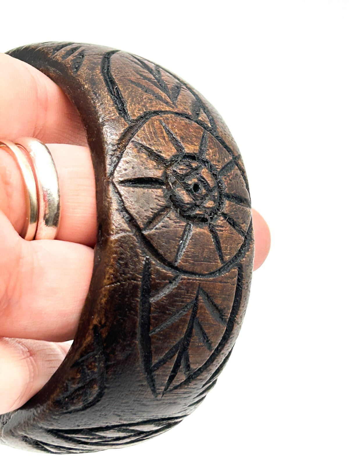 Vintage Carved Dark Wood Floral Chunky Bangle Bracelet 6.5cm Boho Natural