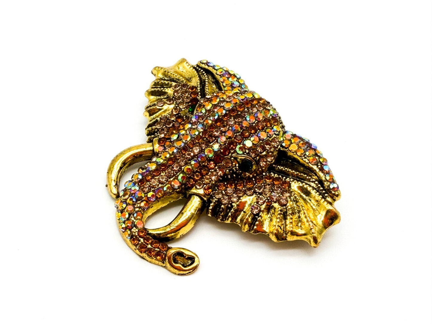 Vintage Elephant Head Brooch Gold Tone AB Orange Peach Rhinestones Green Eye