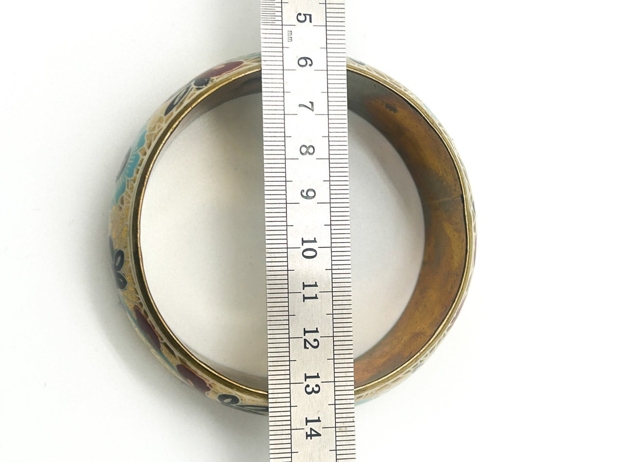 Vintage Brass Bangle Blue Red Painted Floral Statement Bracelet Gold tone Retro