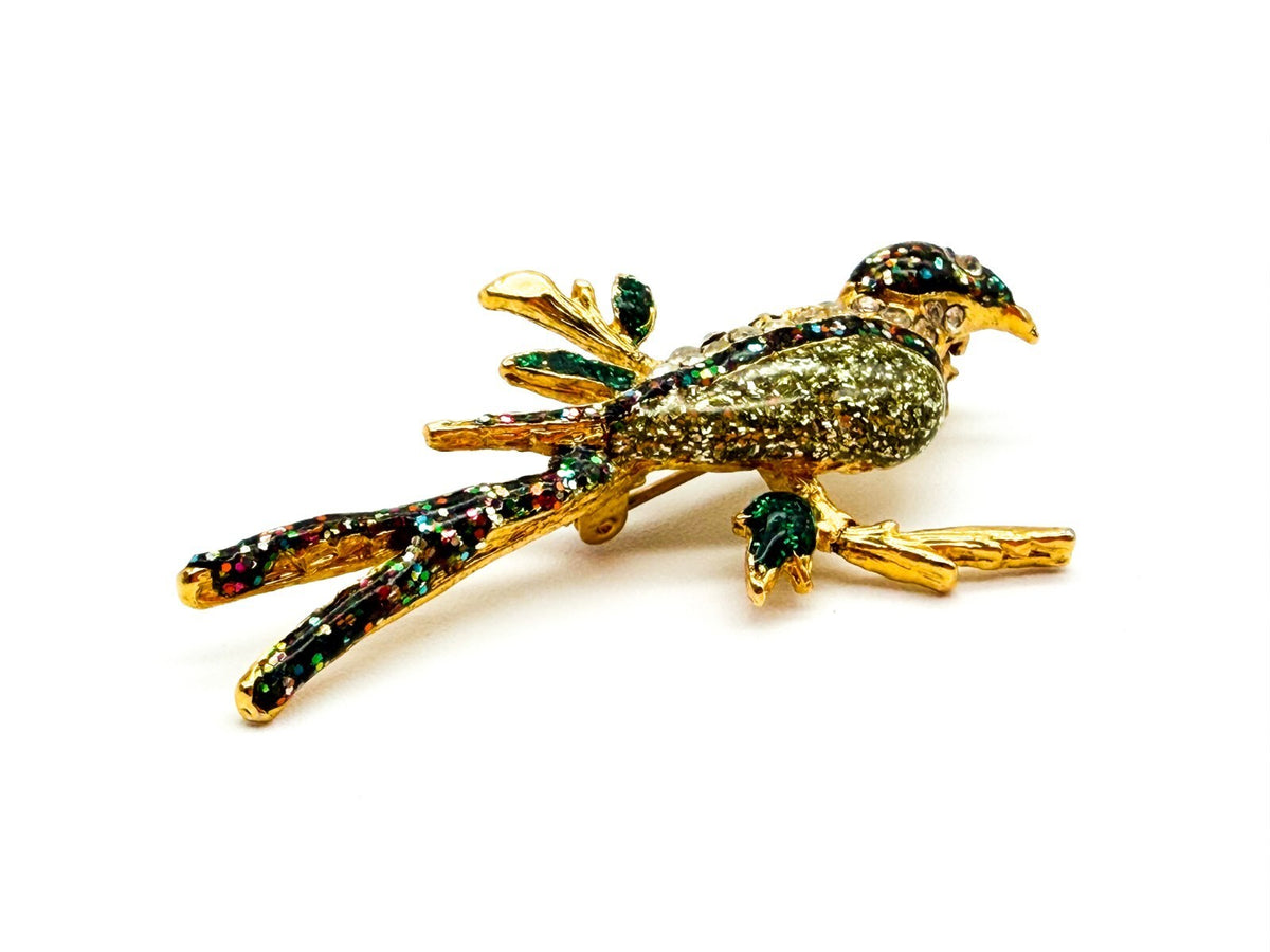 Vintage Gold Tone Bird Brooch Green Glitter Resin Rhinestone Branch Pin