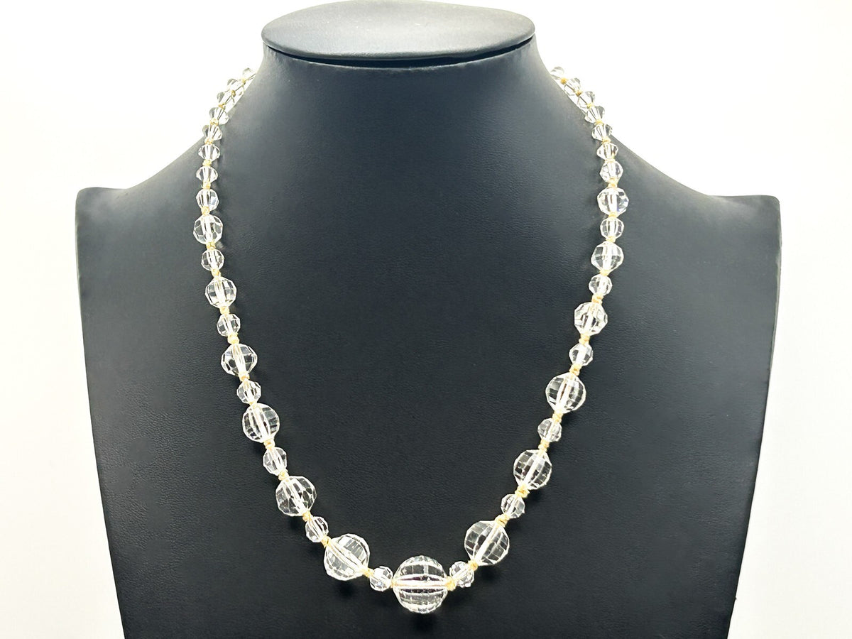 Graduated Clear Crystal Glass Bead Necklace with Faceted Round & Bicone Beads