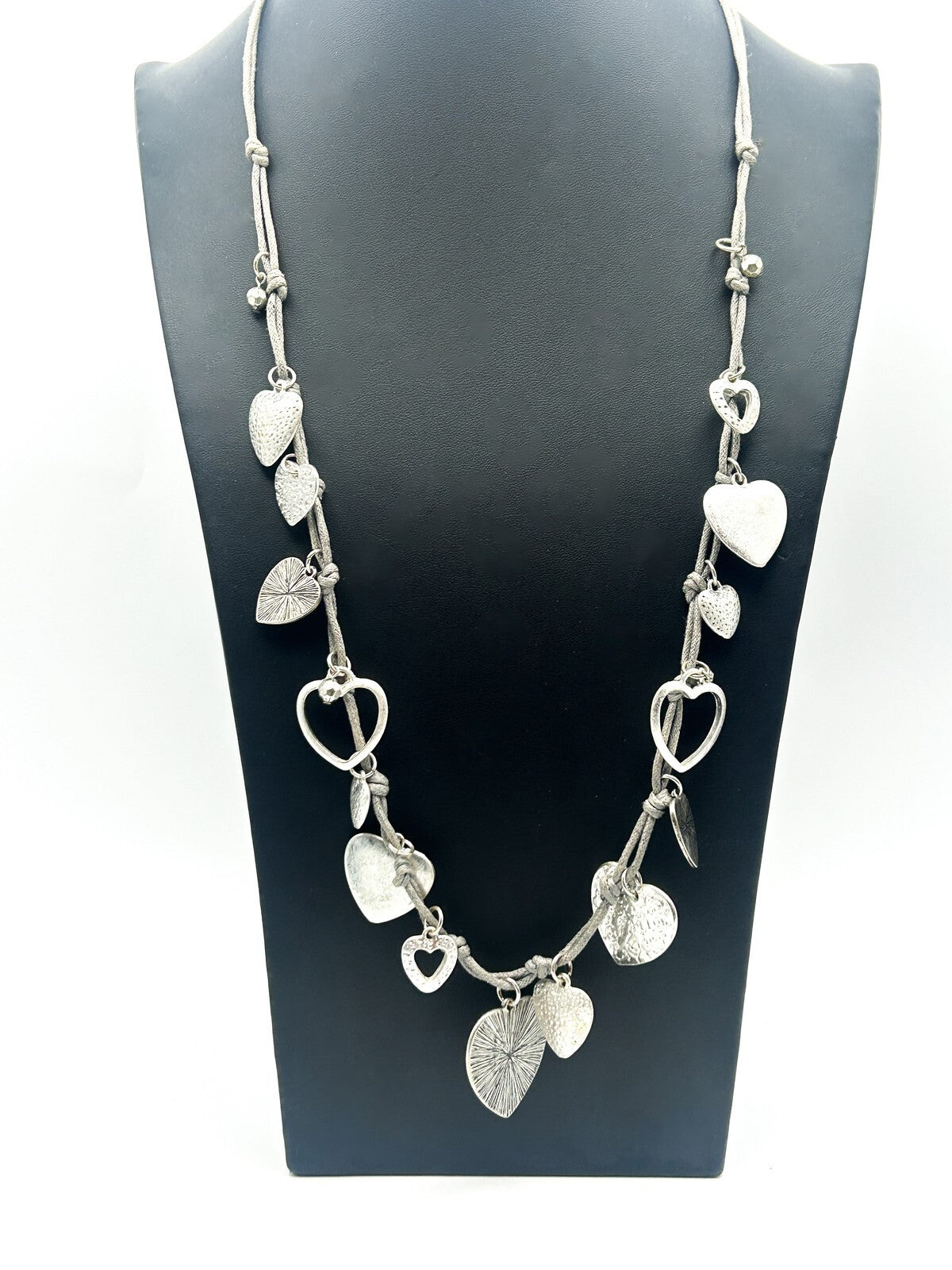Laura Ashley Silver Tone Heart Charm Necklace on Grey Cord Love Hearts Long
