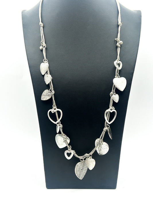 Laura Ashley Silver Tone Heart Charm Necklace on Grey Cord Love Hearts Long